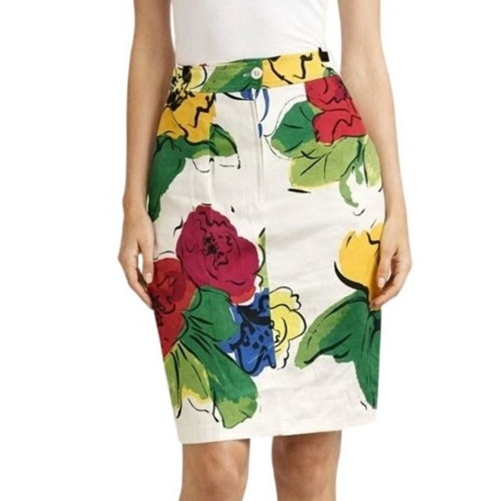 Max Mara Floral Pencil Skirt Bold Colors Made in Italy Cotton Cupro Designer 8